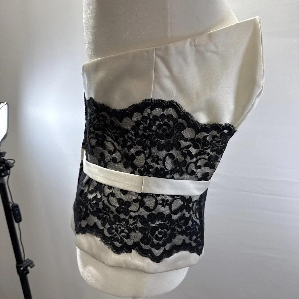 Alfred Angelo‎ Satin Corset Size 12 Black Ivory Lace Bow Feminine Sleeveless Zip